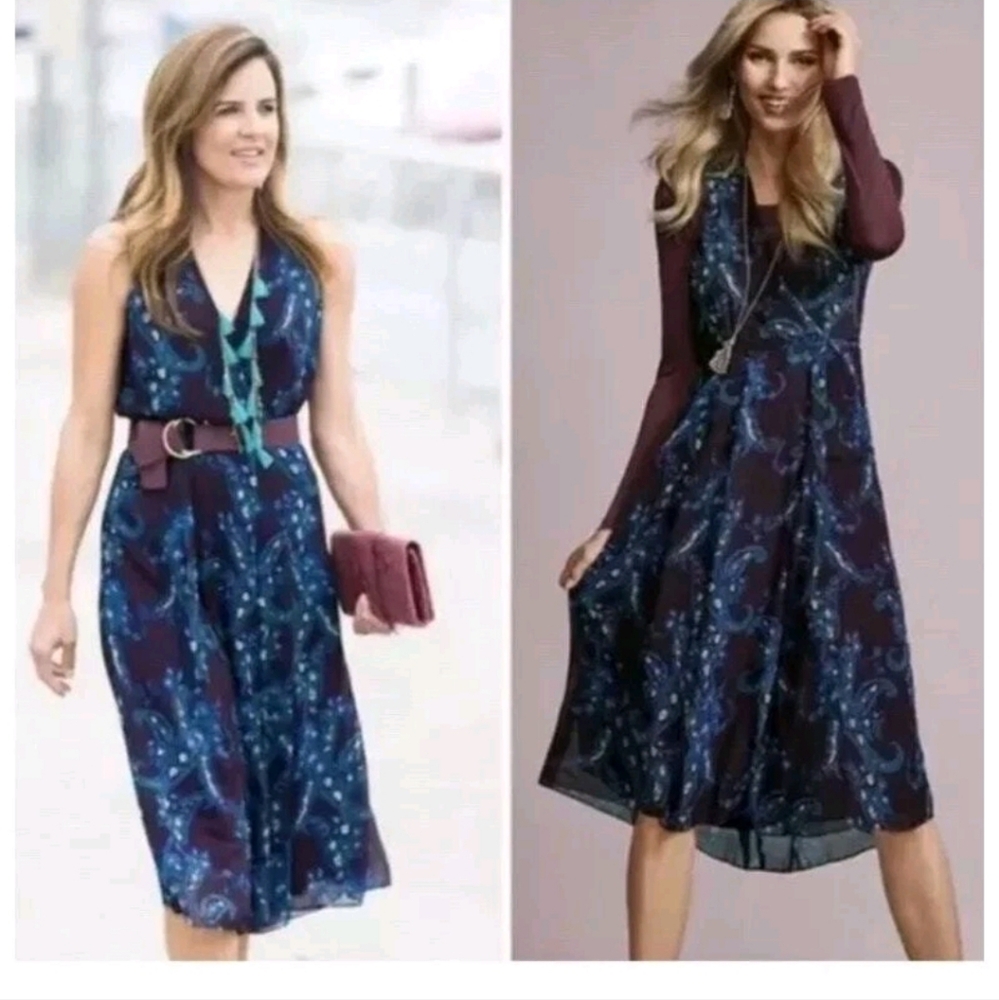 CAbi Treasure Dress Paisley Floral Purple Blue 3461 Boho Midi Flowy Wrap Vee